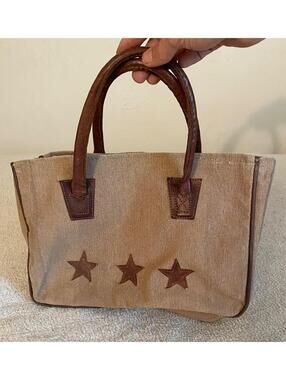 Mona B Star Crossed Upcycled Canvas Leather Trim Purse Handbag Tote Bag